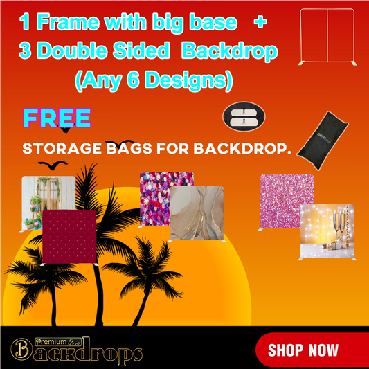 1 STANDARD FRAME 8X8FT AND 3 DOUBLE SIDED BACKDROP (ANY 6 DESIGNS)